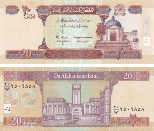 Afghanistan 20 Afghanis 2019 P-68 UNC Banknote – Obverse and Reverse
