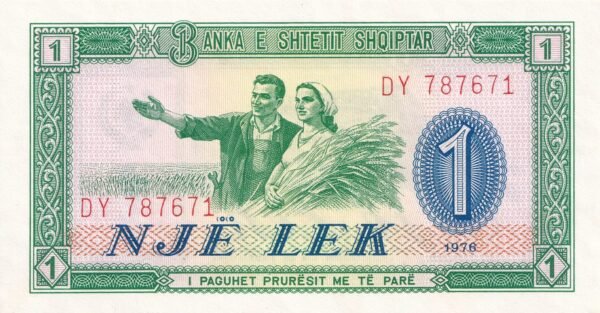 Albania 1 Lek 1976 P-40 UNC Banknote – Obverse