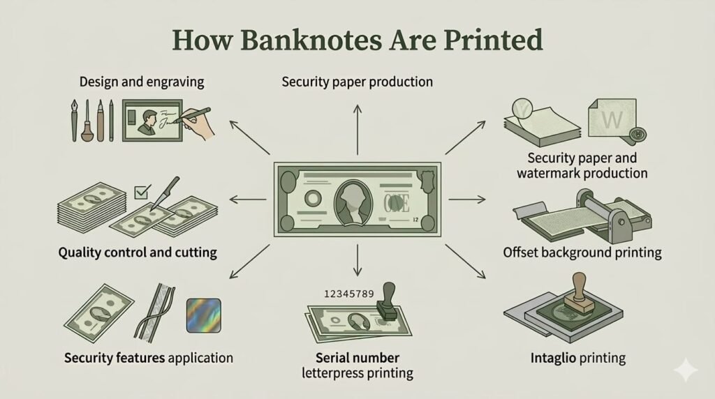 How banknotes are printed infographic showing banknote production process