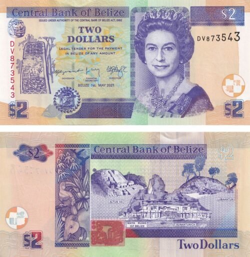 Belize 2 Dollars 2021 P-66g UNC Banknote – Obverse and Reverse