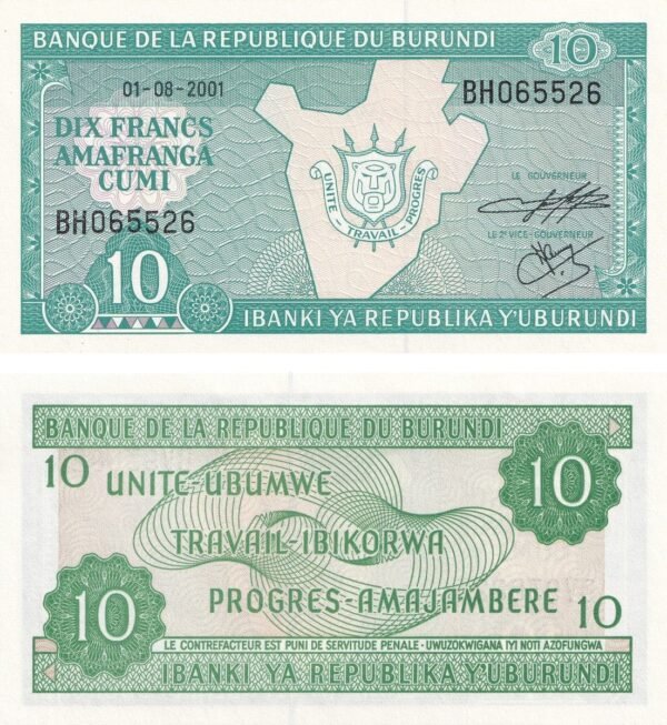 Burundi 10 Francs 2001 P-33d UNC Banknote – Obverse and Reverse