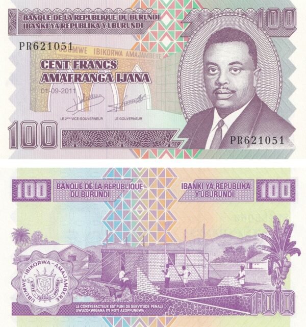burundi-100-francs-2011-p-44b-unc-obverse-reverse Burundi 100 Francs 2011 P-44b UNC Banknote – Obverse and Reverse