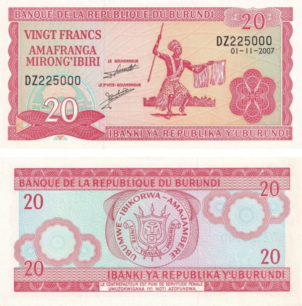 Burundi 20 Francs 2007 P-27d UNC Banknote – Obverse and Reverse