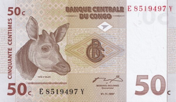 congo-democratic-republic-50-centimes-1997-p-84a-2-unc-obverse Congo (Democratic Republic) 50 Centimes 1997 P-84A(2) UNC Banknote – Obverse