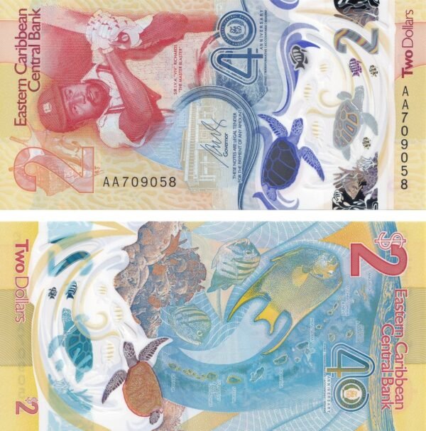 Eastern Caribbean States 2 Dollars 2023 P-61 UNC Banknote – Obverse and Reverse