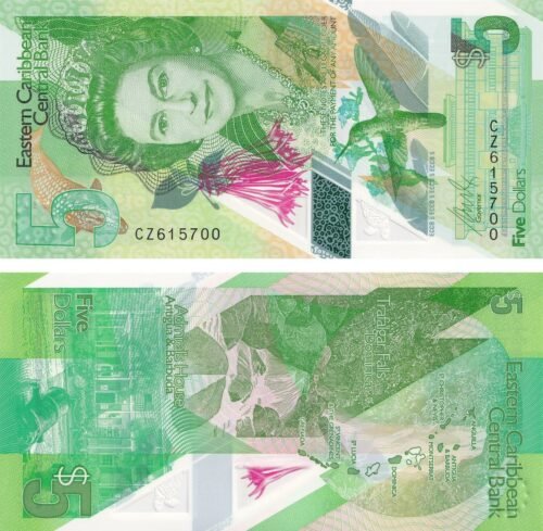 Eastern Caribbean States 5 Dollars 2021 P-56 UNC Banknote – Obverse and Reverse