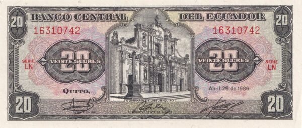 Ecuador 20 Sucres 1986 P-121Aa UNC Banknote – Obverse