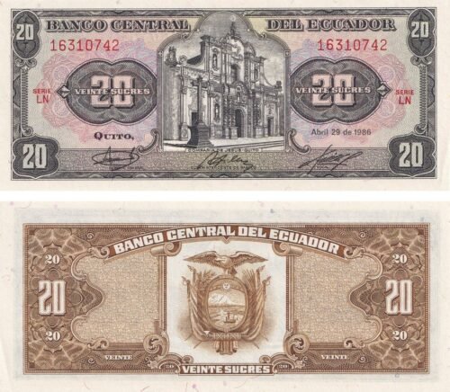Ecuador 20 Sucres 1986 P-121Aa UNC Banknote – Obverse and Reverse