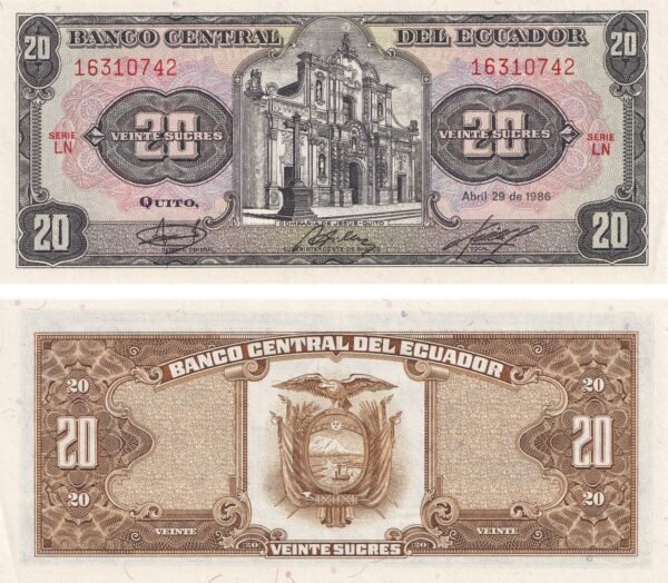 Ecuador 20 Sucres 1986 P-121Aa UNC Banknote – Obverse and Reverse