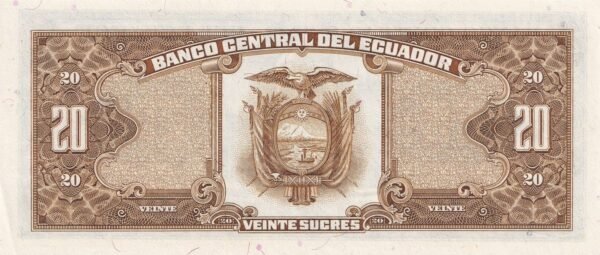 Ecuador 20 Sucres 1986 P-121Aa UNC Banknote – Reverse