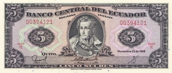Ecuador 5 Sucres 1988 P-113d(5) UNC Banknote – Obverse