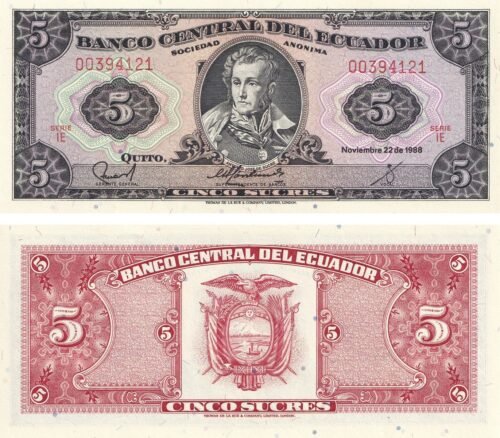 Ecuador 5 Sucres 1988 P-113d(5) UNC Banknote – Obverse and Reverse