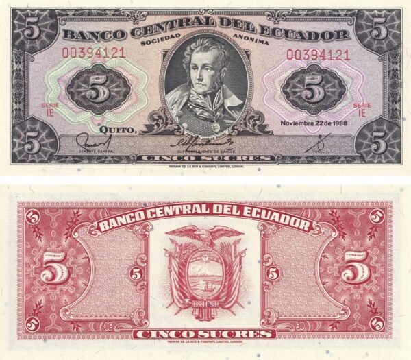 Ecuador 5 Sucres 1988 P-113d(5) UNC Banknote – Obverse and Reverse