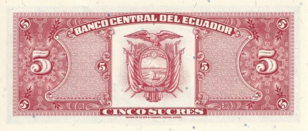 Ecuador 5 Sucres 1988 P-113d(5) UNC Banknote – Reverse