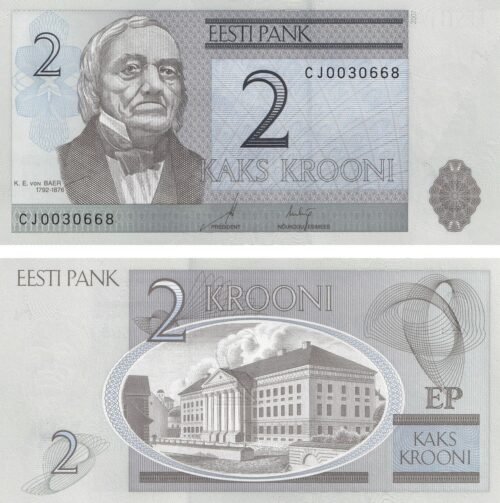 Estonia 2 Krooni 2007 P-85b UNC Banknote – Obverse and Reverse