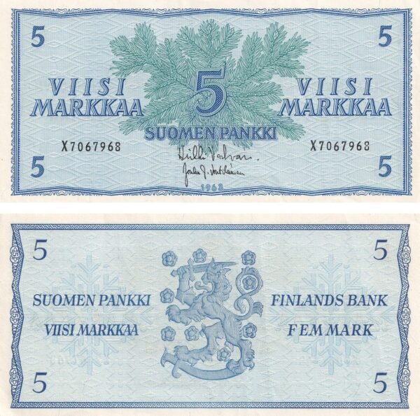 Finland 5 Mark 1963 P-99a(57) aUNC Banknote – Obverse and Reverse