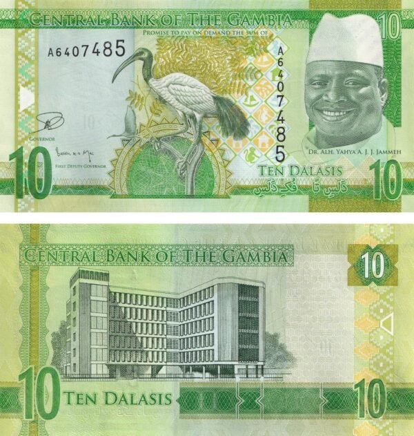 Gambia 10 Dalasis 2015 P-32 UNC Banknote – Obverse and Reverse