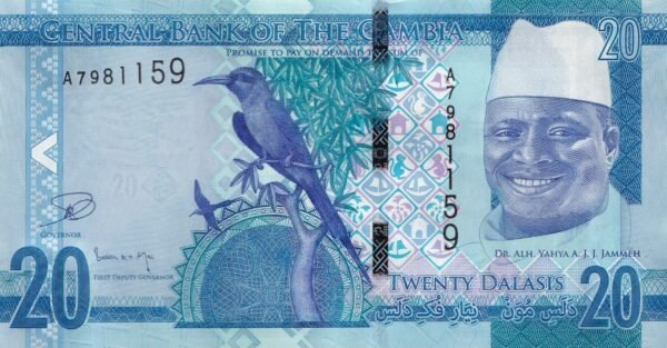 Gambia 20 Dalasis 2015 P-33 UNC Banknote – Obverse