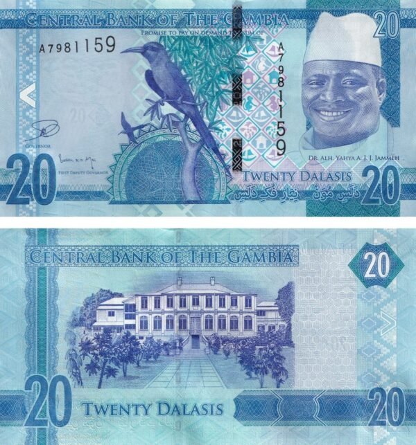 Gambia 20 Dalasis 2015 P-33 UNC Banknote – Obverse and Reverse