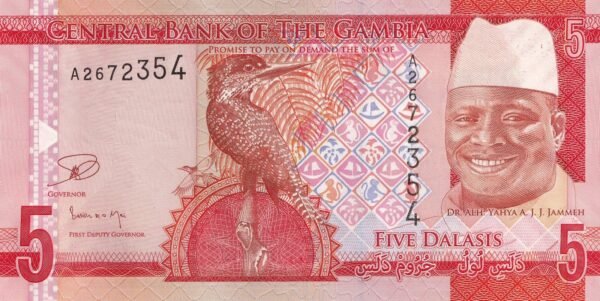 Gambia 5 Dalasis 2015 P-31 UNC Banknote – Obverse