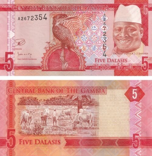 Gambia 5 Dalasis 2015 P-31 UNC Banknote – Obverse and Reverse
