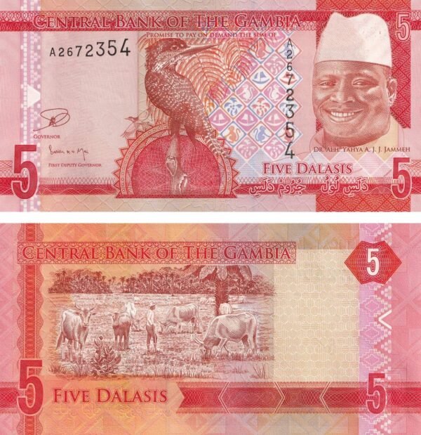 Gambia 5 Dalasis 2015 P-31 UNC Banknote – Obverse and Reverse