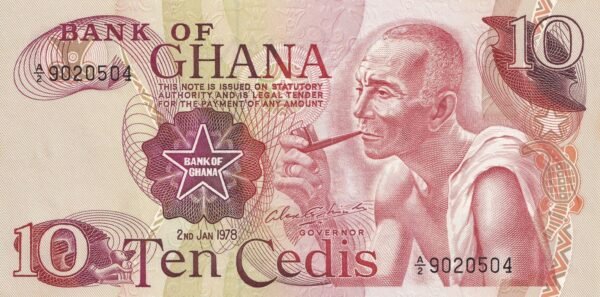 Ghana 10 Cedis 1978 P-16f UNC Banknote – Obverse