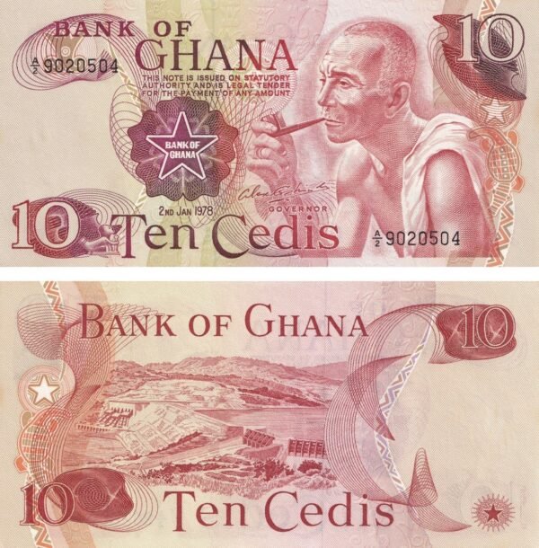 Ghana 10 Cedis 1978 P-16f UNC Banknote – Obverse and Reverse