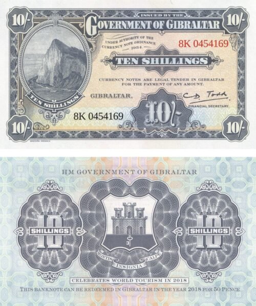 Gibraltar 10 Shillings 2018 P-41 UNC Banknote – Obverse and Reverse