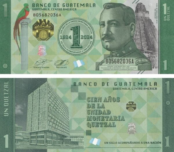 Guatemala 1 Quetzal 2023 P-129 UNC Banknote – Obverse and Reverse