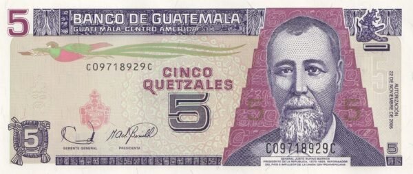 Guatemala 5 Quetzales 2006 P-106b UNC Banknote – Obverse