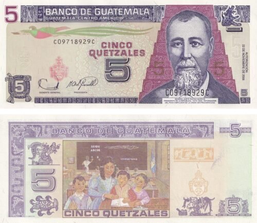Guatemala 5 Quetzales 2006 P-106b UNC Banknote – Obverse and Reverse