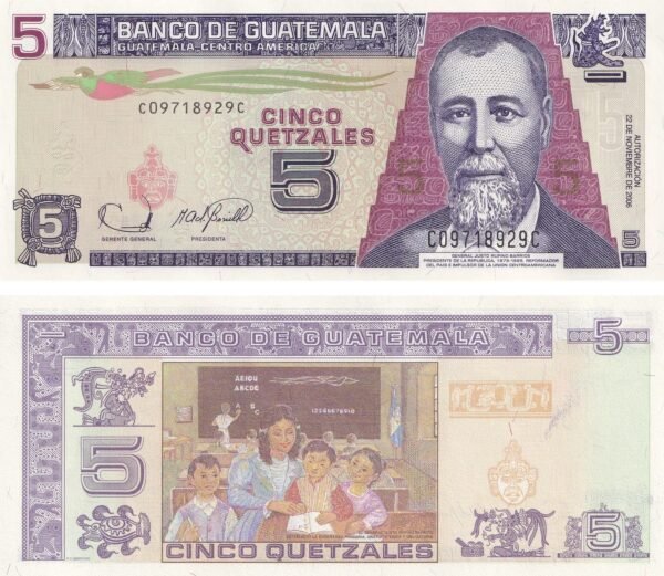 Guatemala 5 Quetzales 2006 P-106b UNC Banknote – Obverse and Reverse