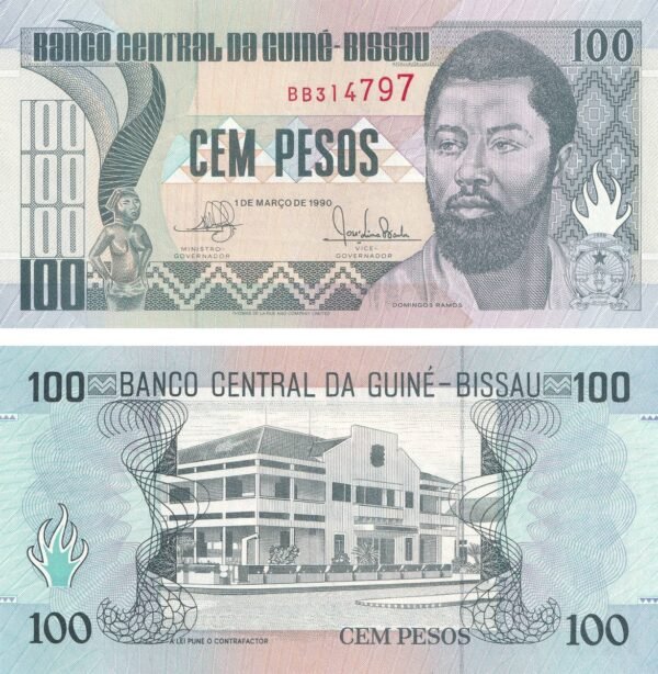 Guinea-Bissau 100 Pesos 1990 P-11 UNC Banknote – Obverse and Reverse