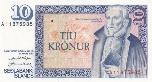 Iceland 10 Kronur 1961 P-48a(2) UNC Banknote – Obverse