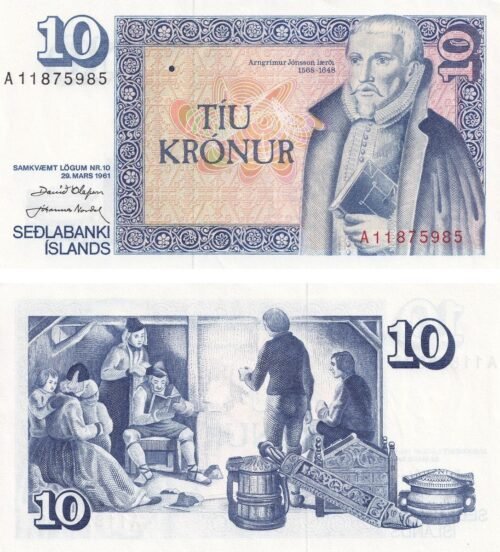 Iceland 10 Kronur 1961 P-48a(2) UNC Banknote – Obverse and Reverse