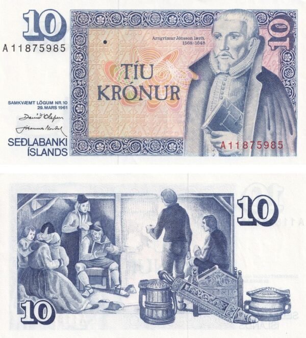 Iceland 10 Kronur 1961 P-48a(2) UNC Banknote – Obverse and Reverse