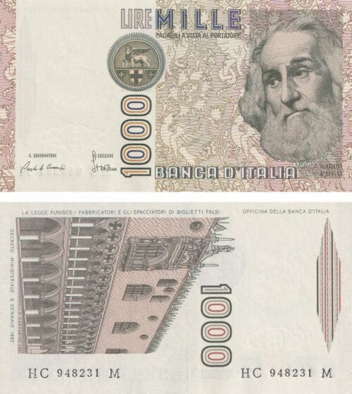 Italy 1000 Lire 1982 P-109a UNC Banknote – Obverse and Reverse