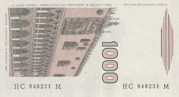 Italy 1000 Lire 1982 P-109a UNC Banknote – Reverse