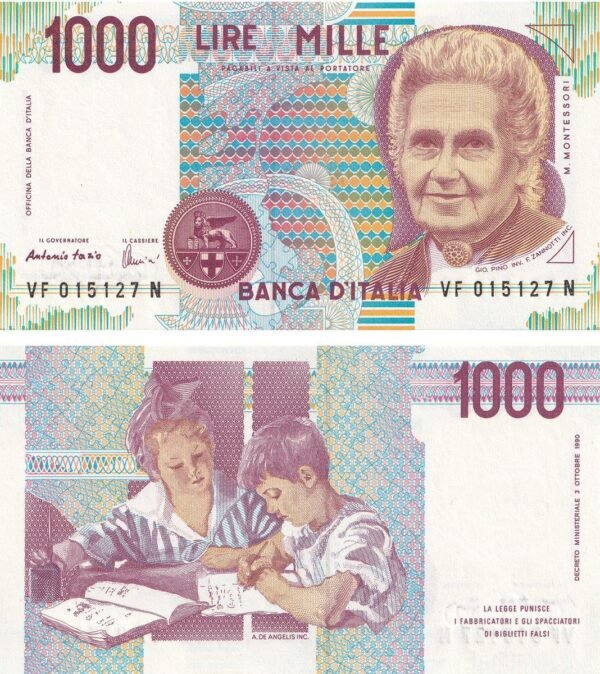 Italy 1000 Lire 1990 P-114c(2) UNC Banknote – Obverse and Reverse