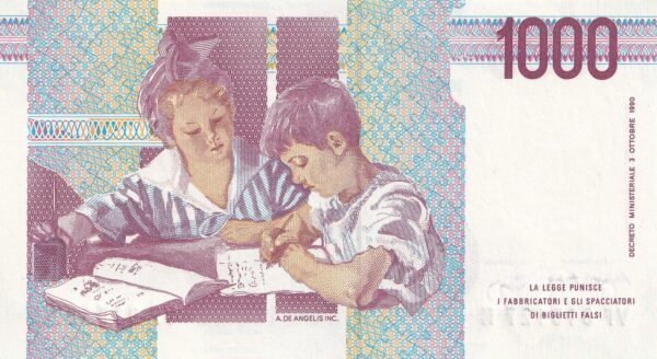 Italy 1000 Lire 1990 P-114c(2) UNC Banknote – Reverse