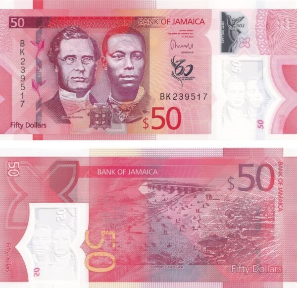 Jamaica 50 Dollars 2022 P-96 UNC Banknote – Obverse and Reverse