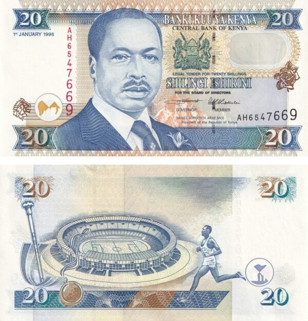Kenya 20 Shillings 1996 P-35a2 UNC Banknote – Obverse and Reverse