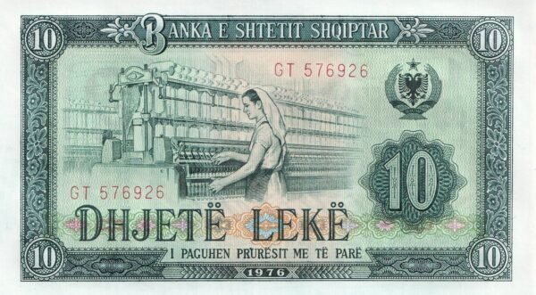 Albania 10 Leke 1976 P-43 UNC Banknote – Obverse