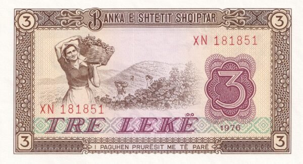 Albania 3 Leke 1976 P-41 UNC Banknote – Obverse