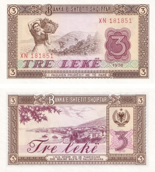 Albania 3 Leke 1976 P-41 UNC Banknote – Obverse and Reverse