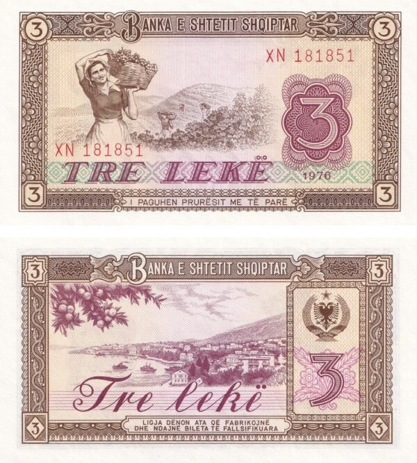 Albania 3 Leke 1976 P-41 UNC Banknote – Obverse and Reverse