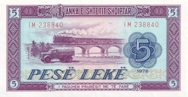 Albania 5 Leke 1976 P-42 UNC Banknote – Obverse