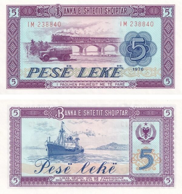 Albania 5 Leke 1976 P-42 UNC Banknote – Obverse and Reverse