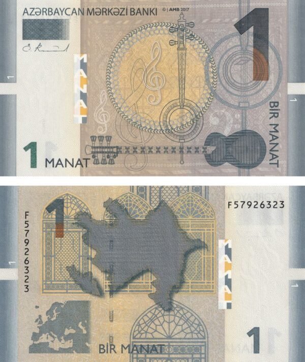 Azerbaijan 1 Manat 2017 P-31b UNC Banknote – Obverse and Reverse